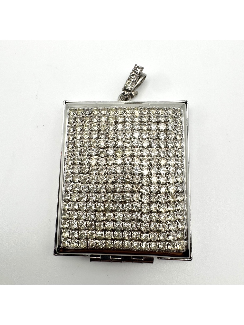 Vintage Silver Tone Rhinestone Pave Square Locket Pendant Mid Century